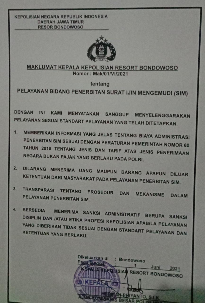 Maklumat Layanan pada SATPAS Polres Bondowoso