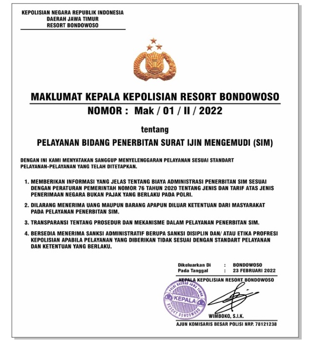 Maklumat Kapolres Bondowoso tentang Pelayanan Penerbitan SIM Polres Bondowoso