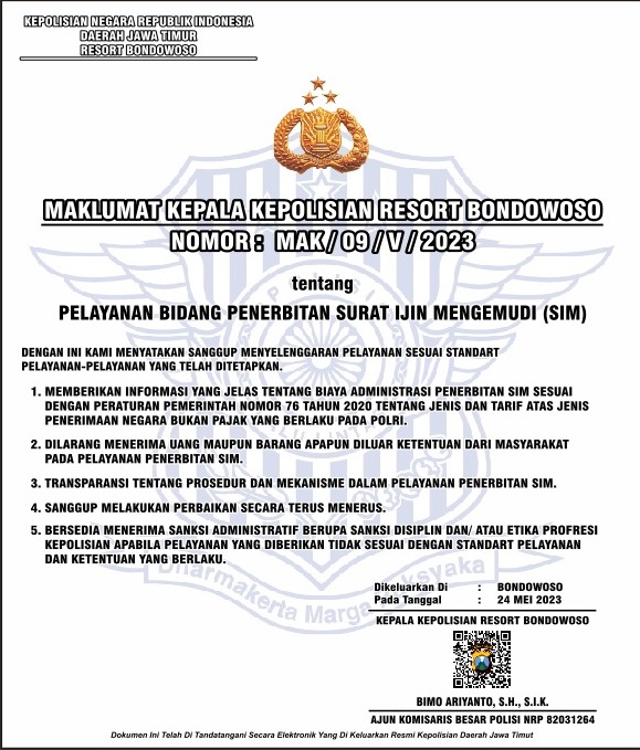 Maklumat Kapolres Bondowoso tentang Pelayanan Penerbitan SIM Polres Bondowoso